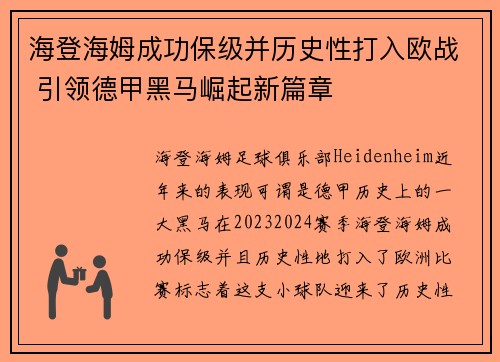 海登海姆成功保级并历史性打入欧战 引领德甲黑马崛起新篇章